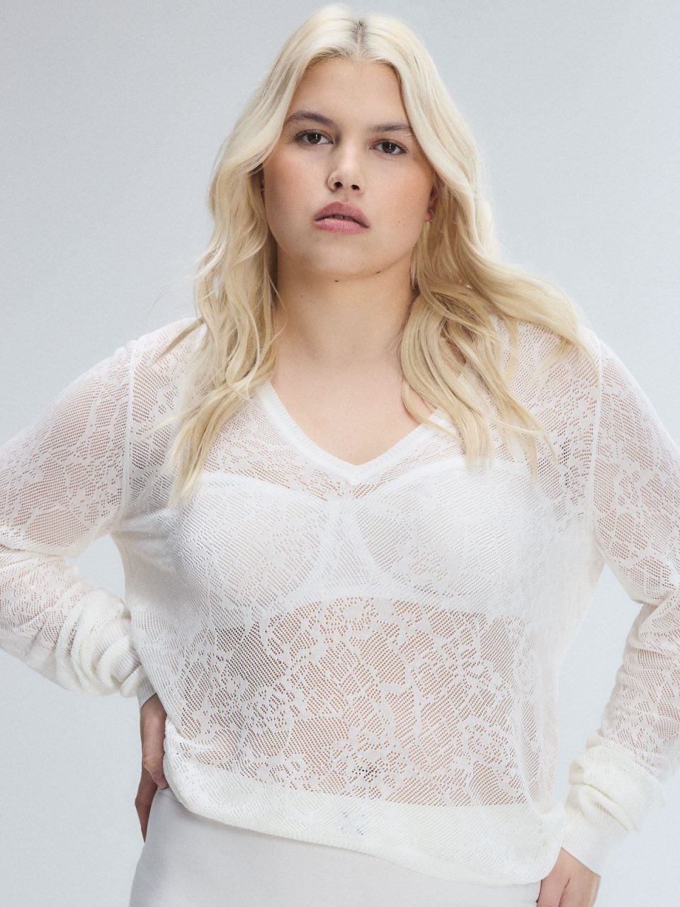 Luxe Lace Sheer Knit V-Neck Sweater